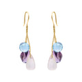 Natural Rose Quartz, Blue Topaz And Amethyst Gemstone Drop Earring In 18k Gold