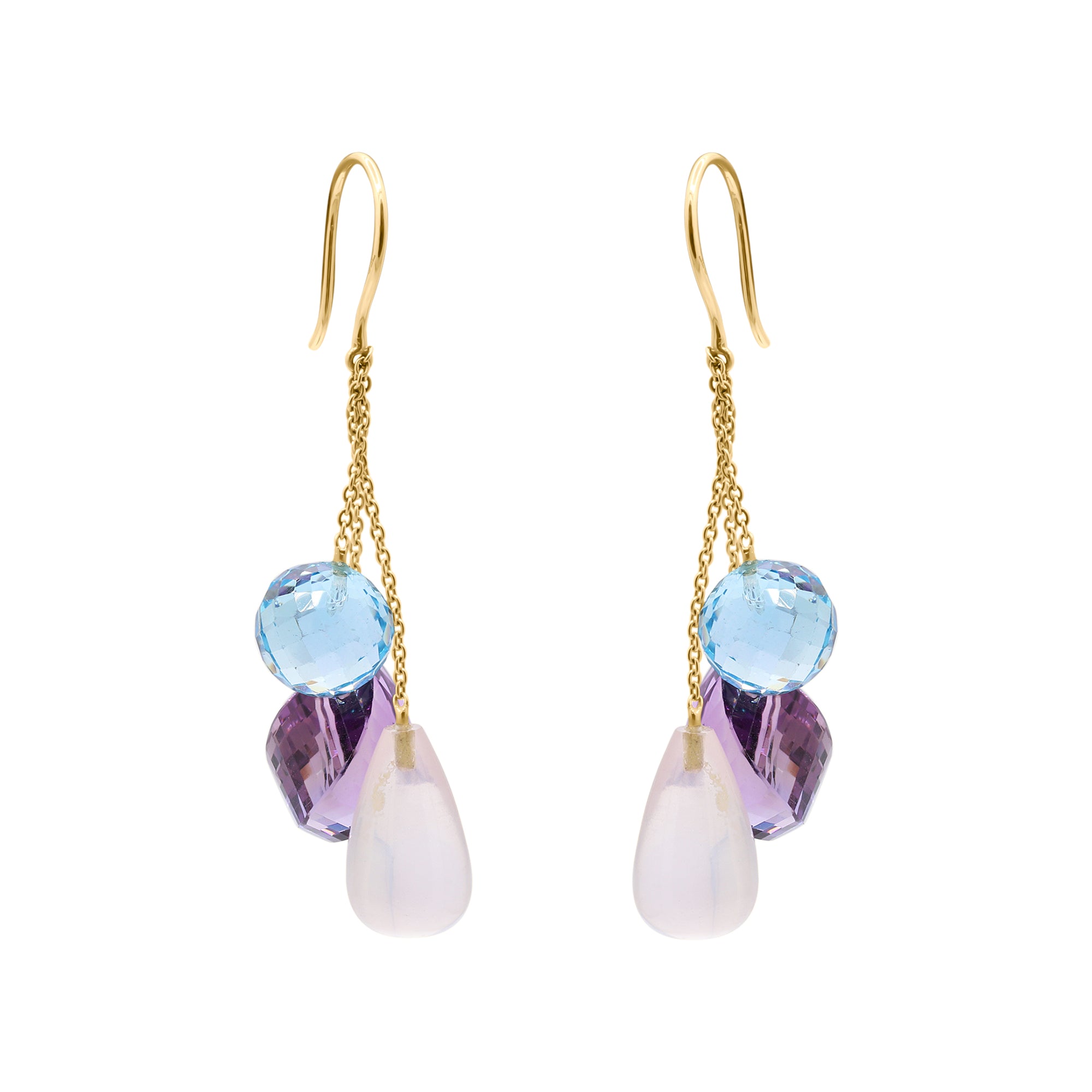 Natural Rose Quartz, Blue Topaz And Amethyst Gemstone Drop Earring In 18k Gold