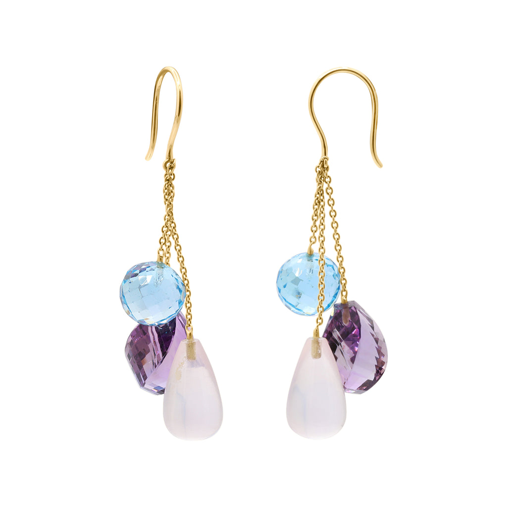 Natural Rose Quartz, Blue Topaz And Amethyst Gemstone Drop Earring In 18k Gold