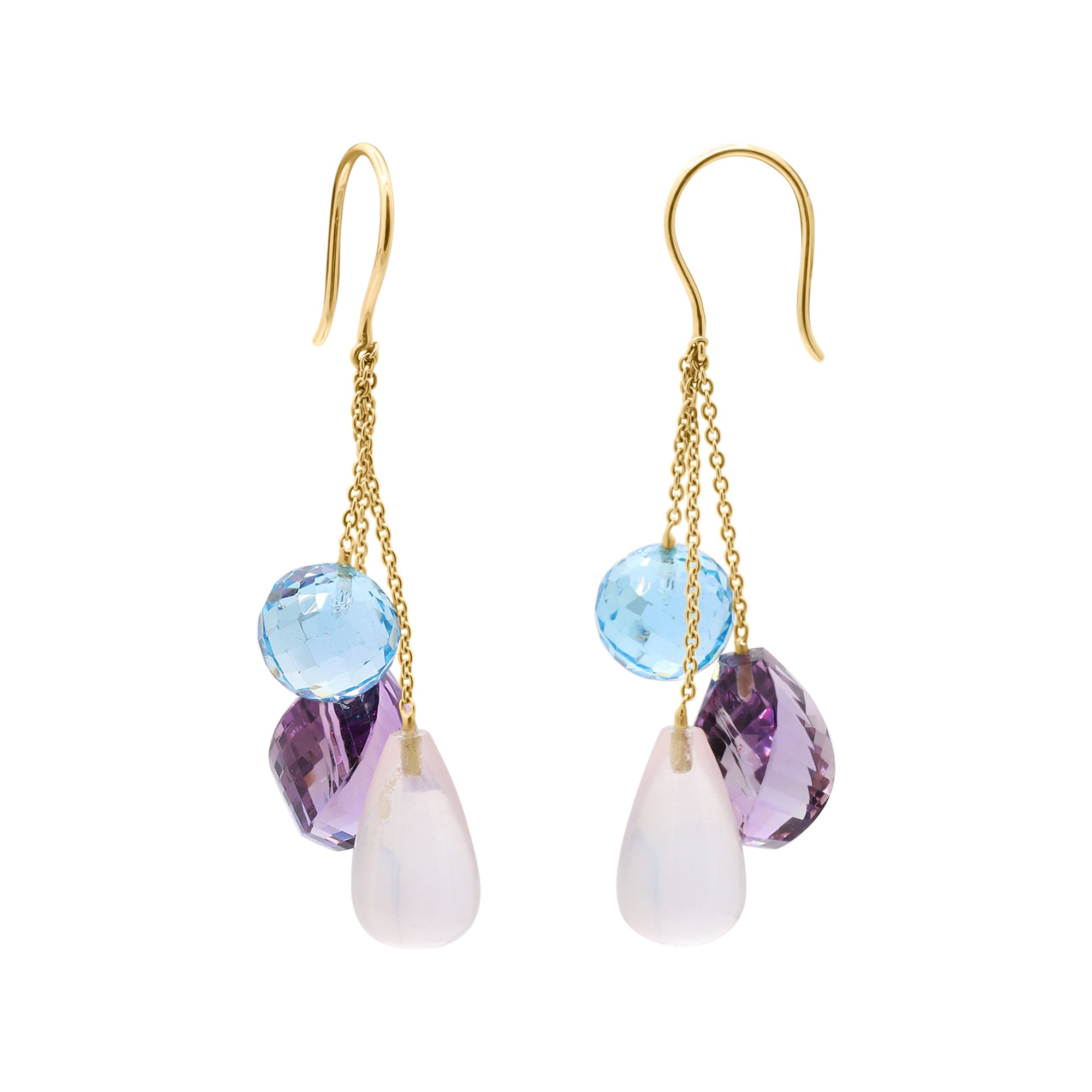 Natural Rose Quartz, Blue Topaz And Amethyst Gemstone Drop Earring In 18k Gold