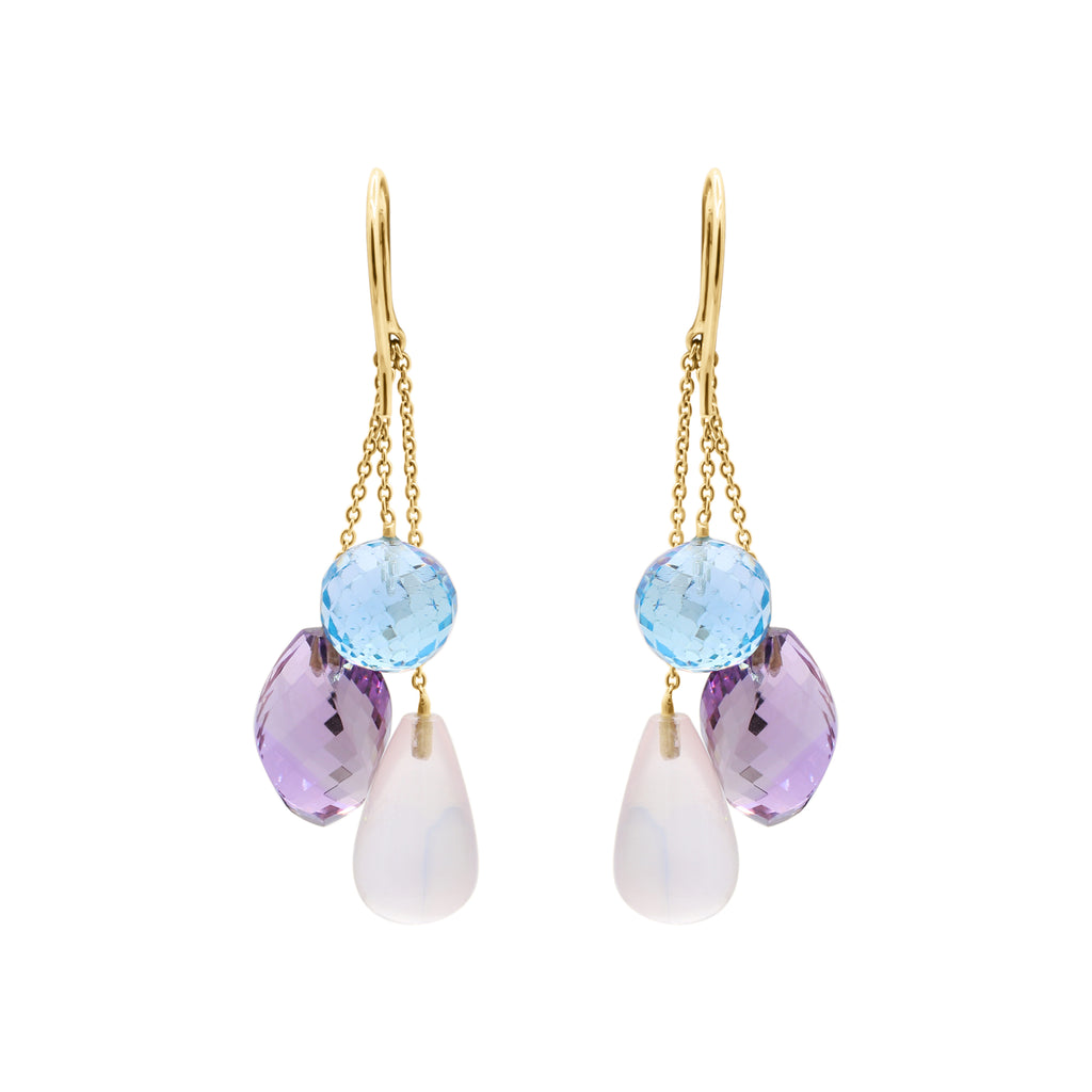 Natural Rose Quartz, Blue Topaz And Amethyst Gemstone Drop Earring In 18k Gold