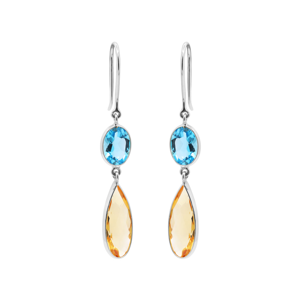 Natural Citrine And Blue Topaz Gemstone Drop Earring in 18K Gold