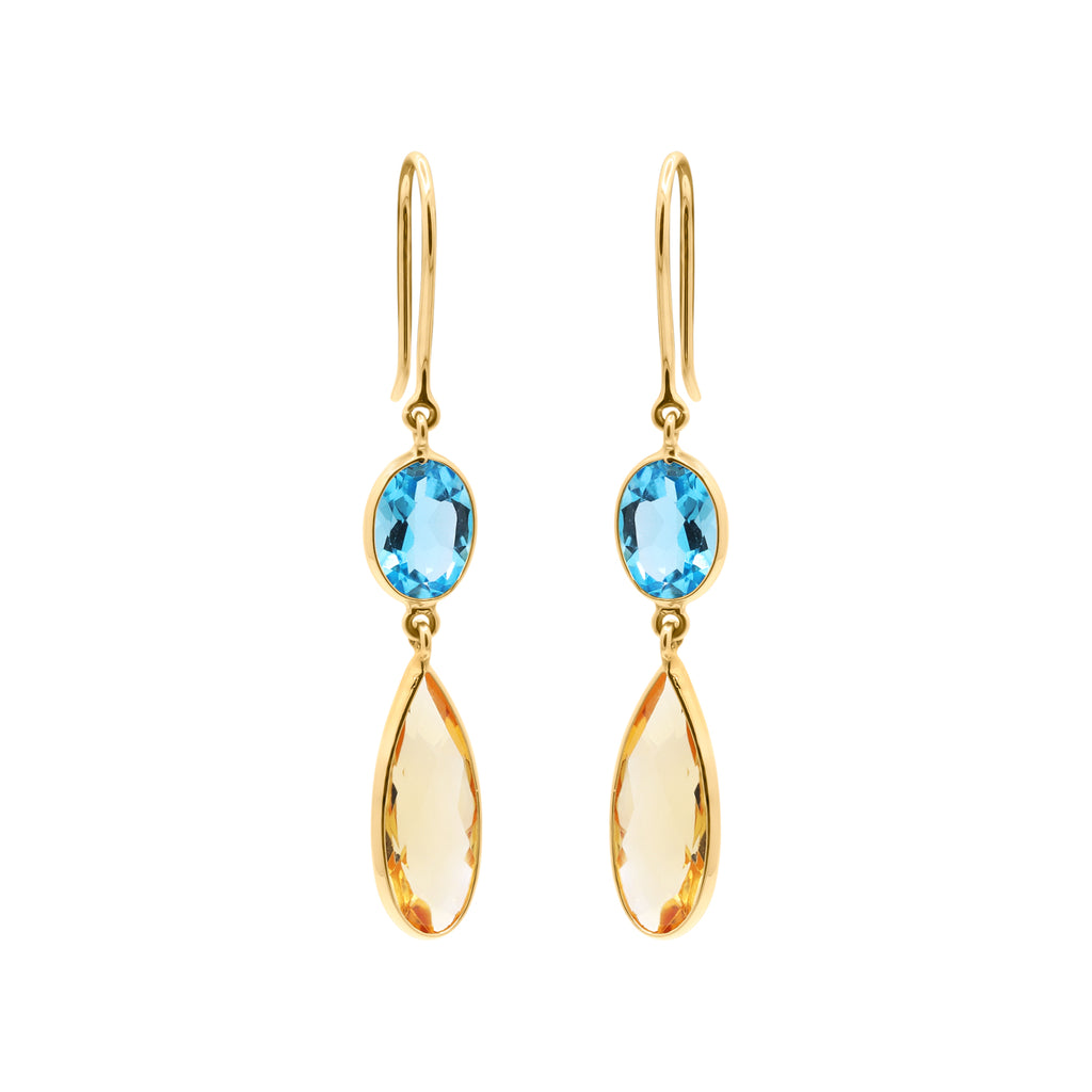 Natural Citrine And Blue Topaz Gemstone Drop Earring in 18K Gold