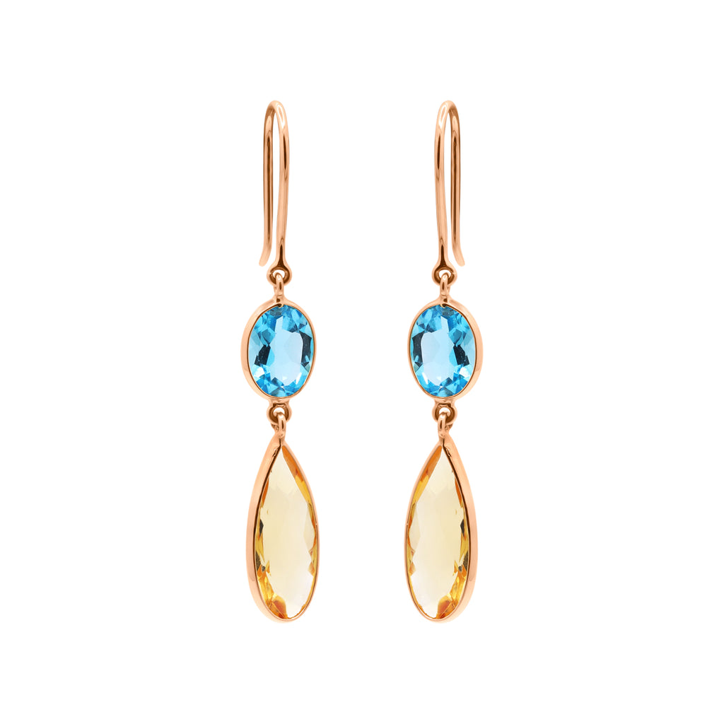 Natural Citrine And Blue Topaz Gemstone Drop Earring in 18K Gold