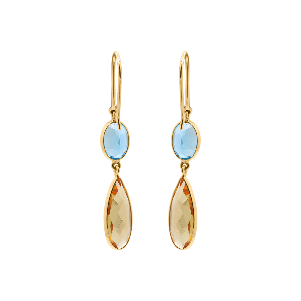 Natural Citrine And Blue Topaz Gemstone Drop Earring in 18K Gold