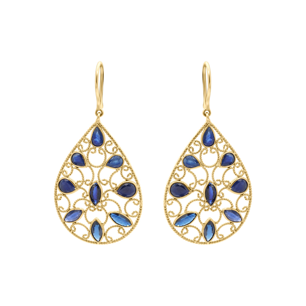 18k Gold Natural Blue Sapphire Gemstone Drop Dangle Earrings