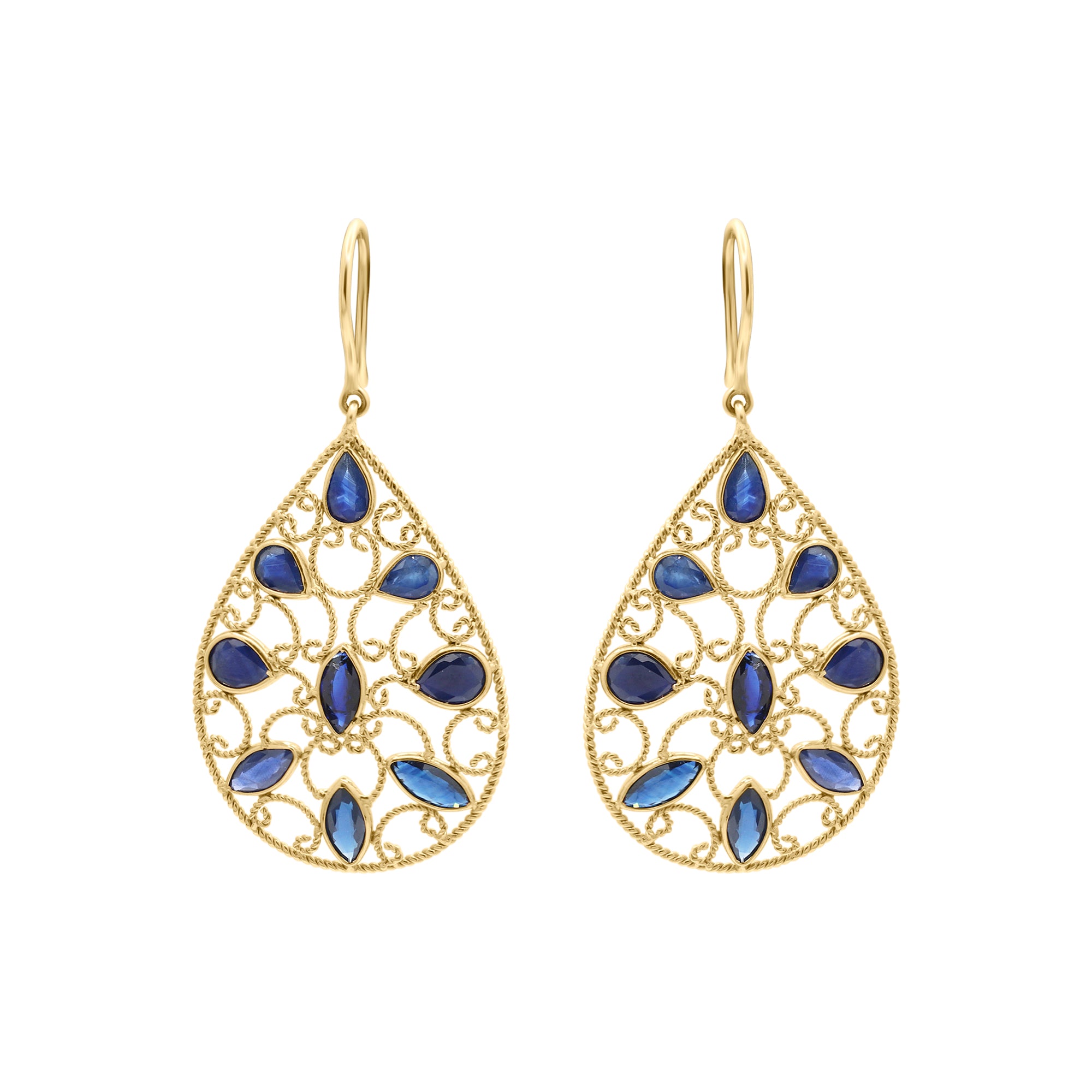18k Gold Natural Blue Sapphire Gemstone Drop Dangle Earrings