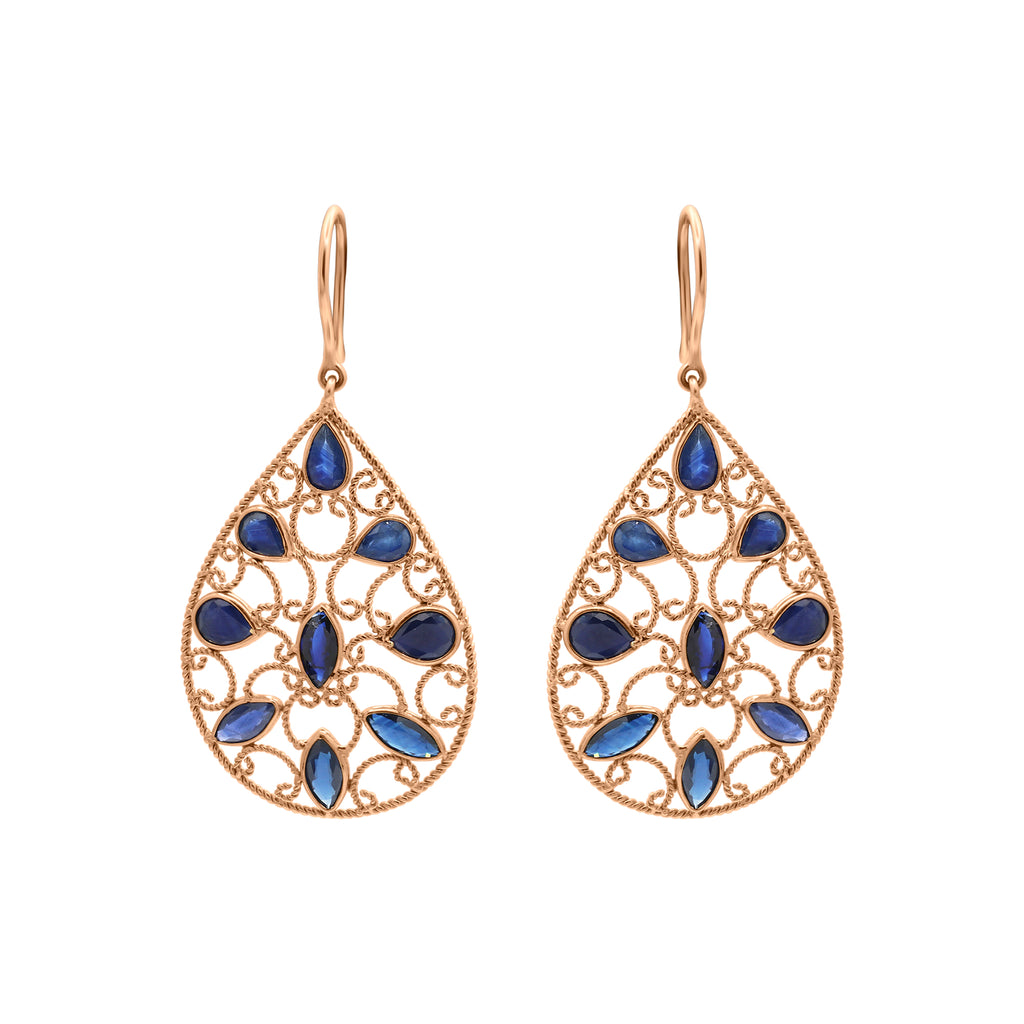 18k Gold Natural Blue Sapphire Gemstone Drop Dangle Earrings