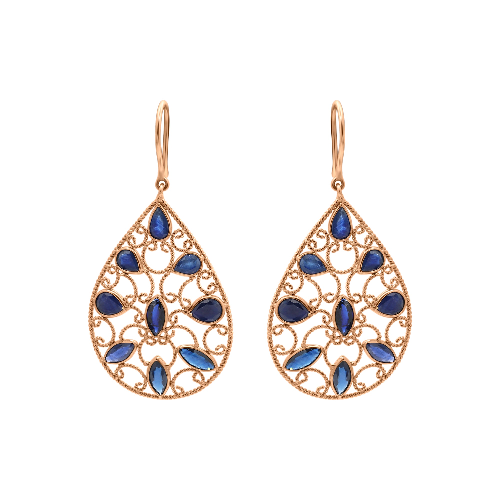 18k Gold Natural Blue Sapphire Gemstone Drop Dangle Earrings