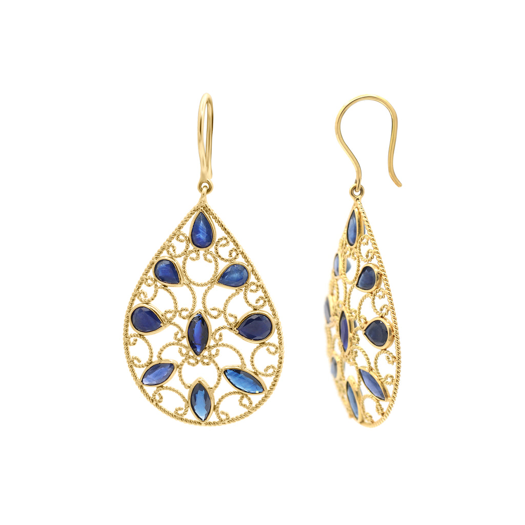 18k Gold Natural Blue Sapphire Gemstone Drop Dangle Earrings