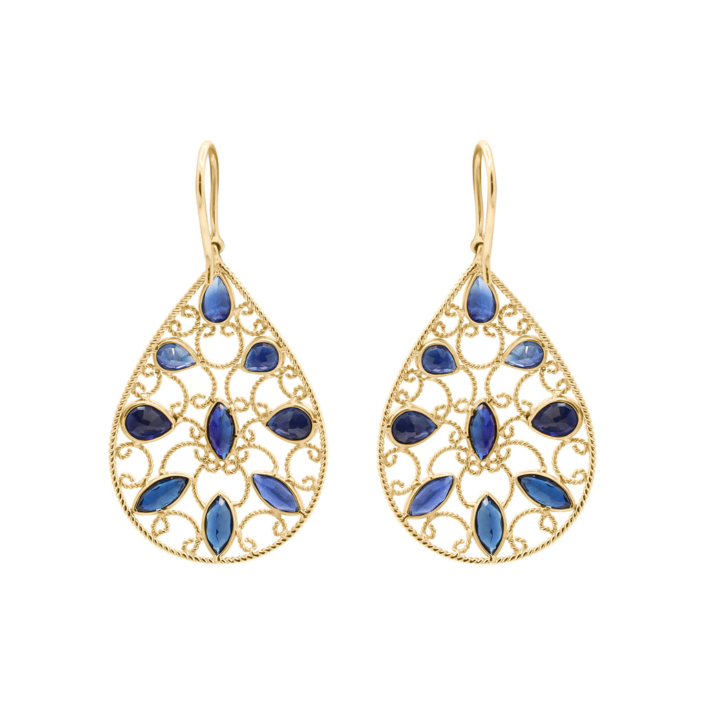 18k Gold Natural Blue Sapphire Gemstone Drop Dangle Earrings