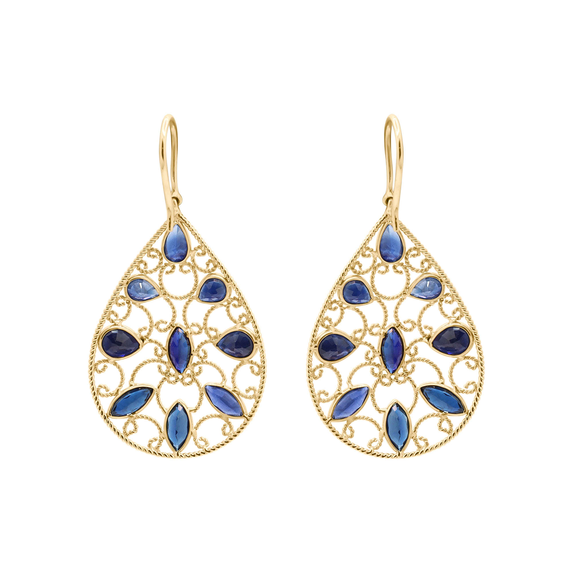 18k Gold Natural Blue Sapphire Gemstone Drop Dangle Earrings