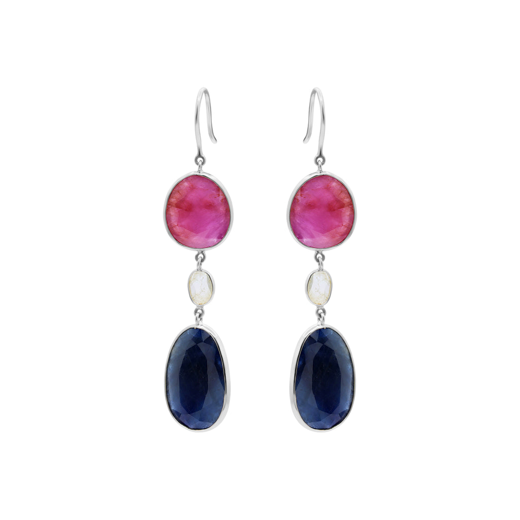 Natural Blue Sapphire, Ruby And Crystal Gemstone Drop Earring In 18k Gold