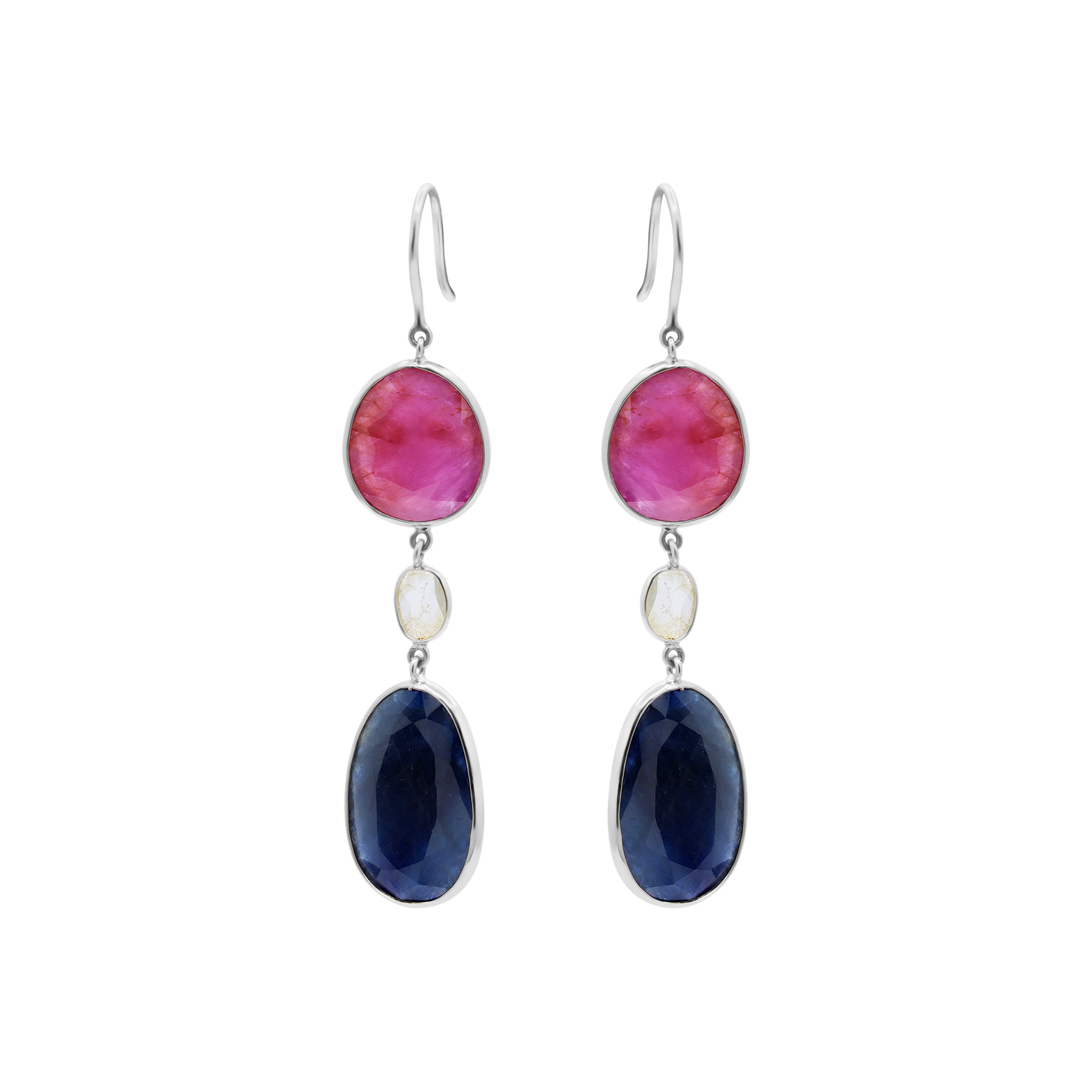 Natural Blue Sapphire, Ruby And Crystal Gemstone Drop Earring In 18k Gold