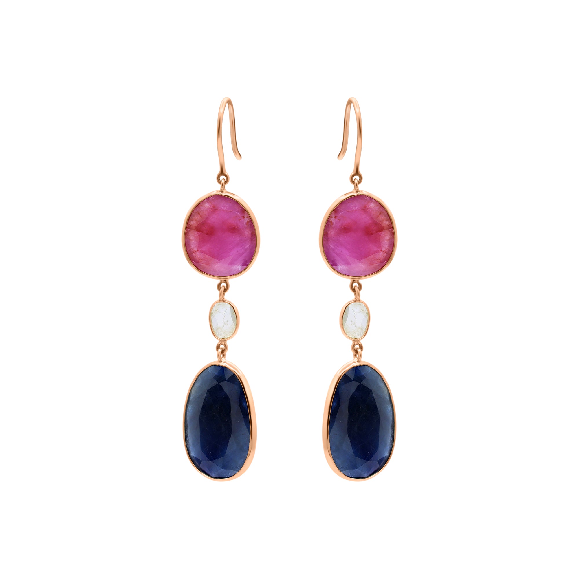 Natural Blue Sapphire, Ruby And Crystal Gemstone Drop Earring In 18k Gold