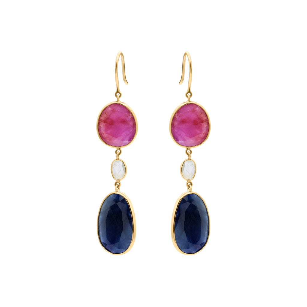 Natural Blue Sapphire, Ruby And Crystal Gemstone Drop Earring In 18k Gold