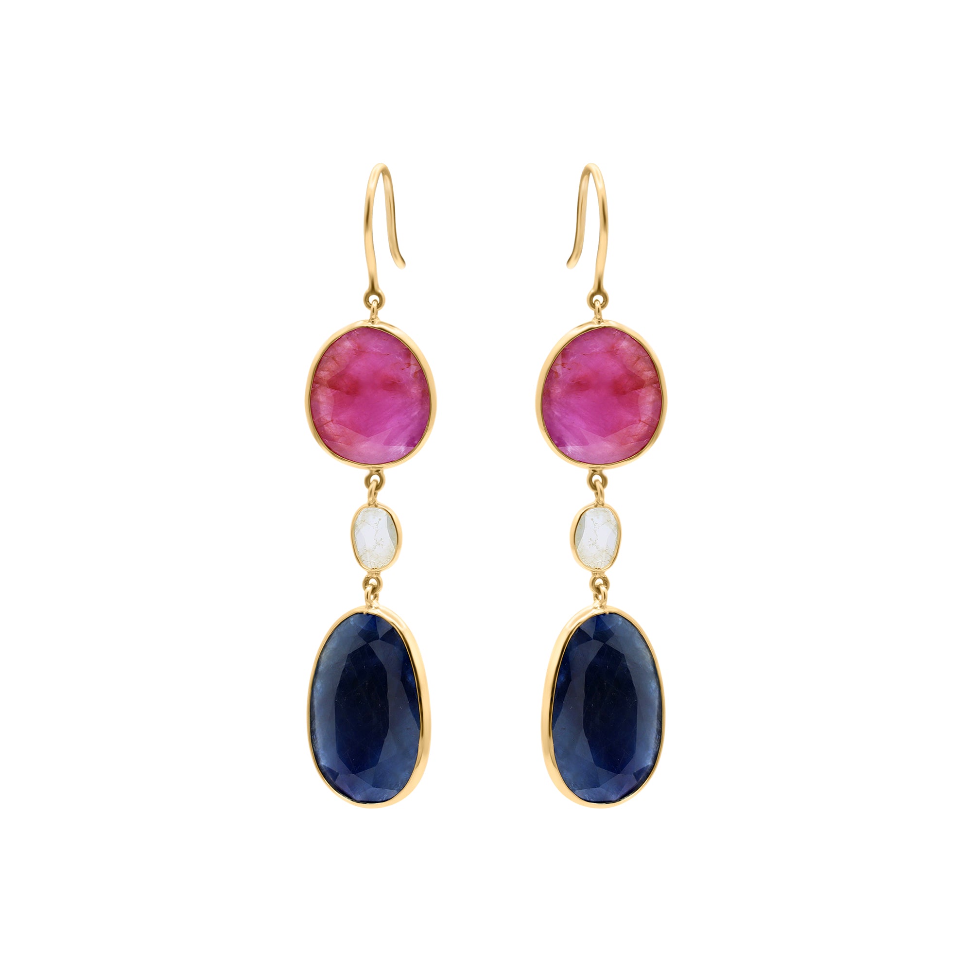 Natural Blue Sapphire, Ruby And Crystal Gemstone Drop Earring In 18k Gold