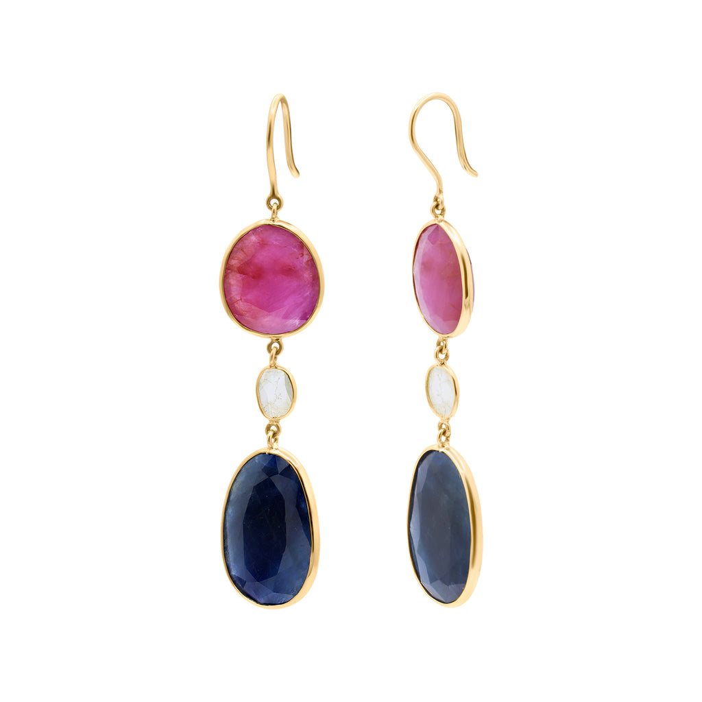 Natural Blue Sapphire, Ruby And Crystal Gemstone Drop Earring In 18k Gold