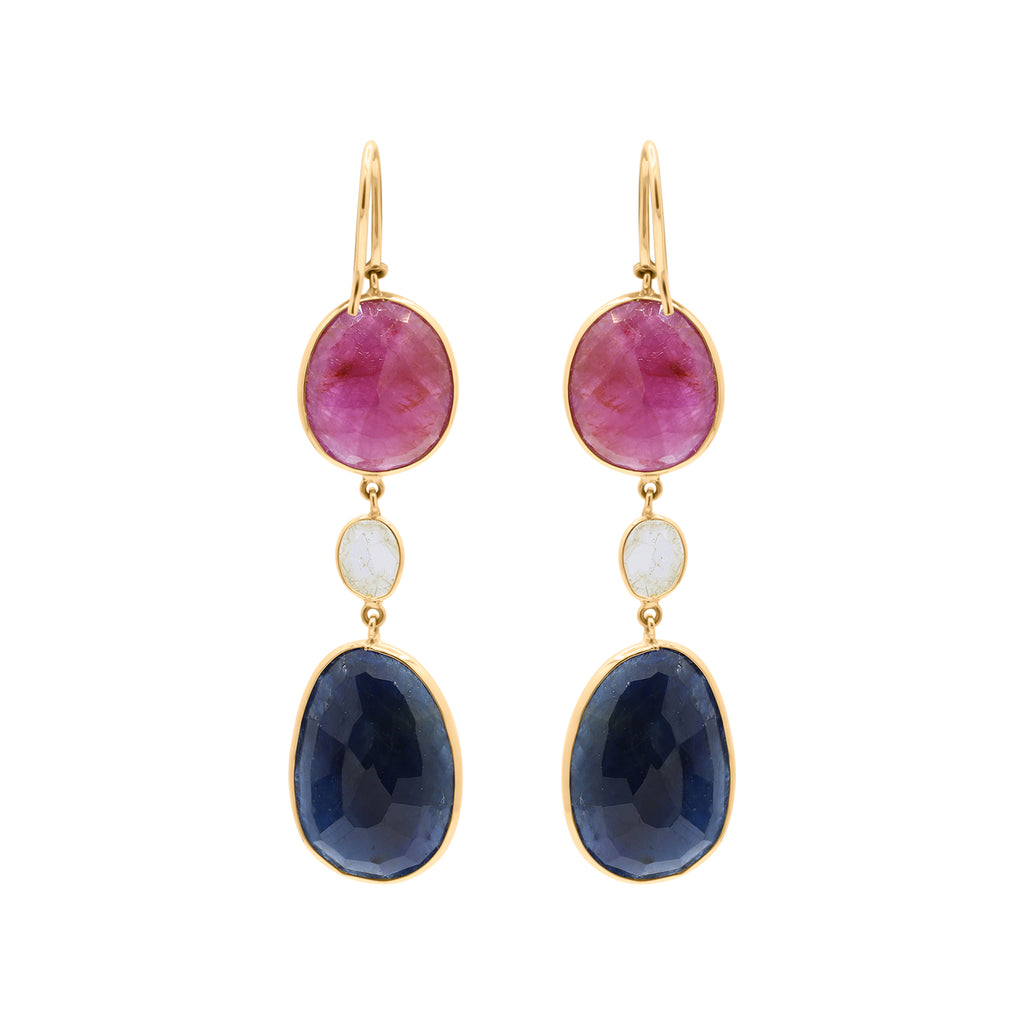 Natural Blue Sapphire, Ruby And Crystal Gemstone Drop Earring In 18k Gold