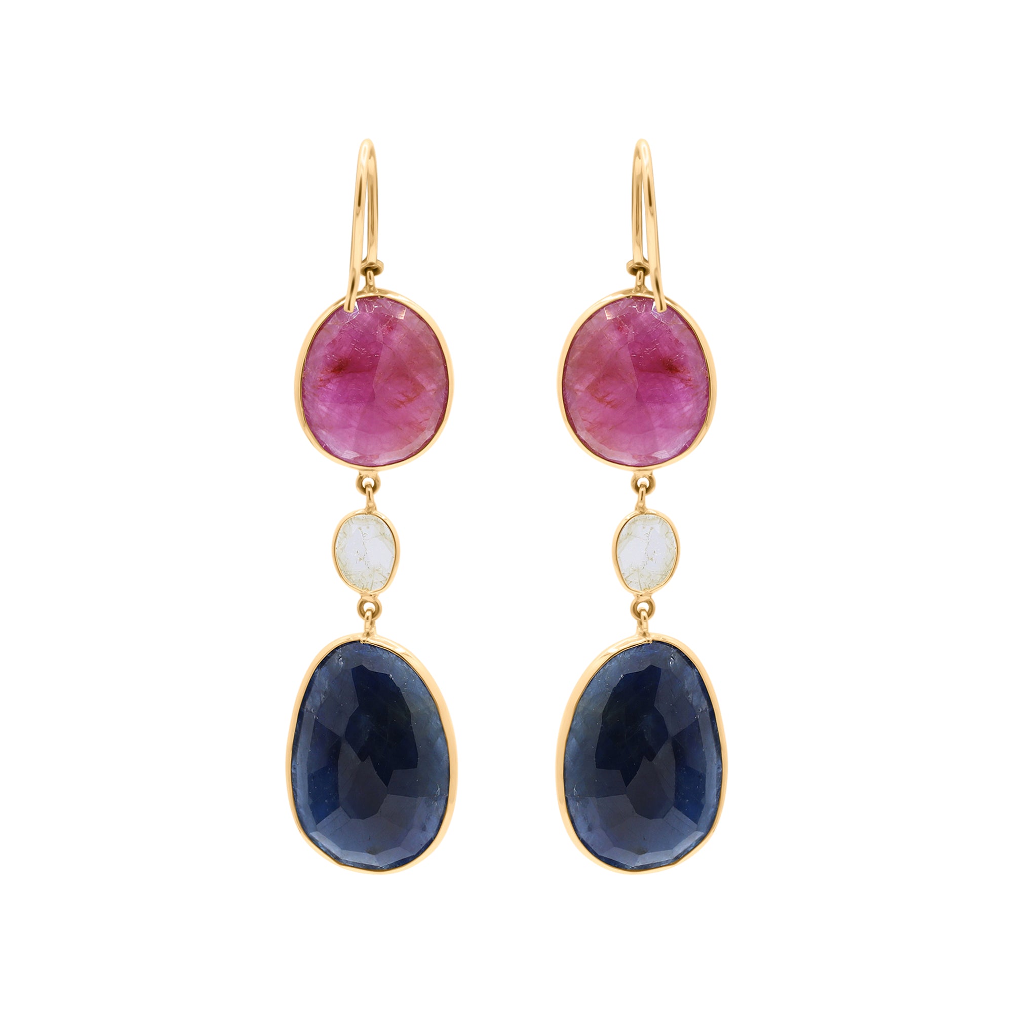 Natural Blue Sapphire, Ruby And Crystal Gemstone Drop Earring In 18k Gold
