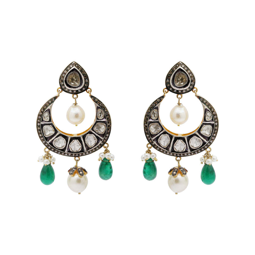 Natural Emerald, Pearl And Polki Diamond 925 Sterling Silver Drop Earrings