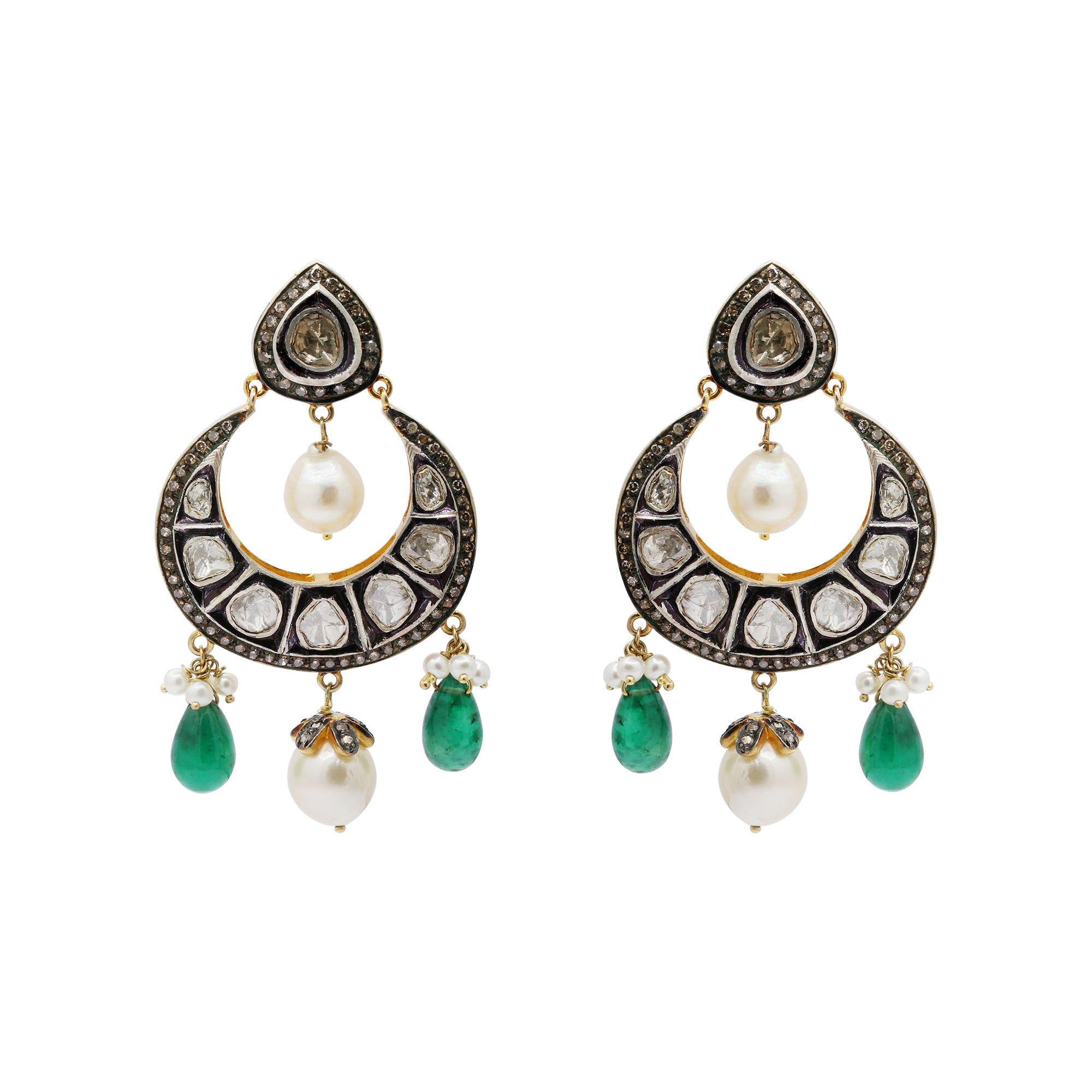 Natural Emerald, Pearl And Polki Diamond 925 Sterling Silver Drop Earrings