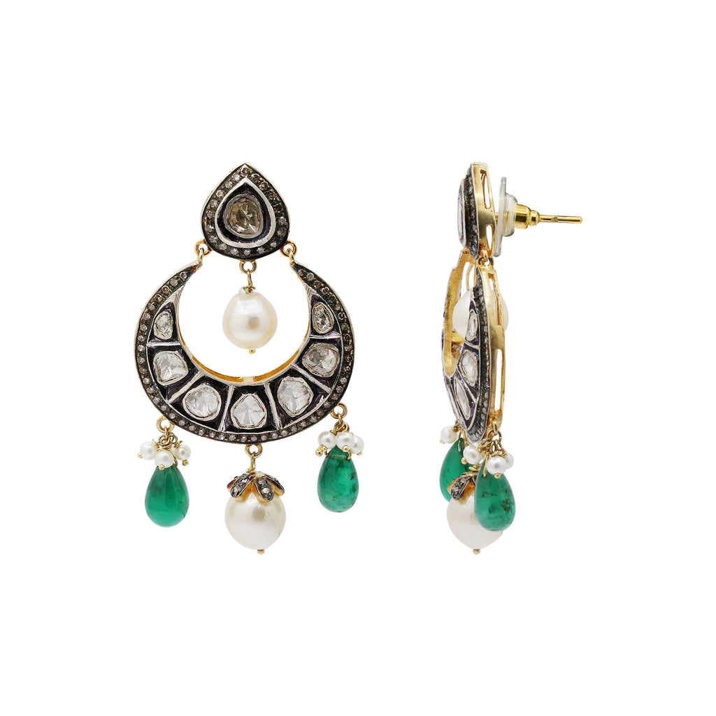 Natural Emerald, Pearl And Polki Diamond 925 Sterling Silver Drop Earrings