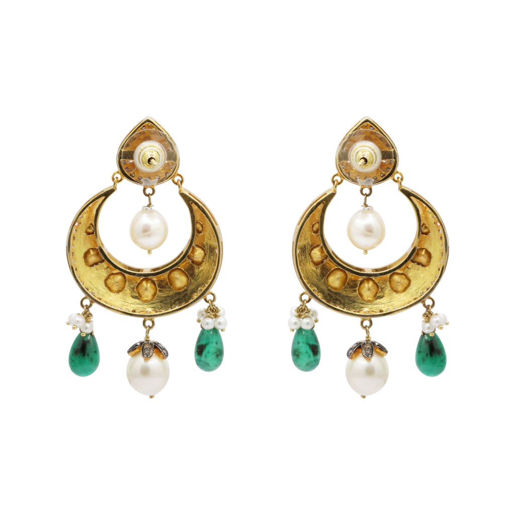 Natural Emerald, Pearl And Polki Diamond 925 Sterling Silver Drop Earrings