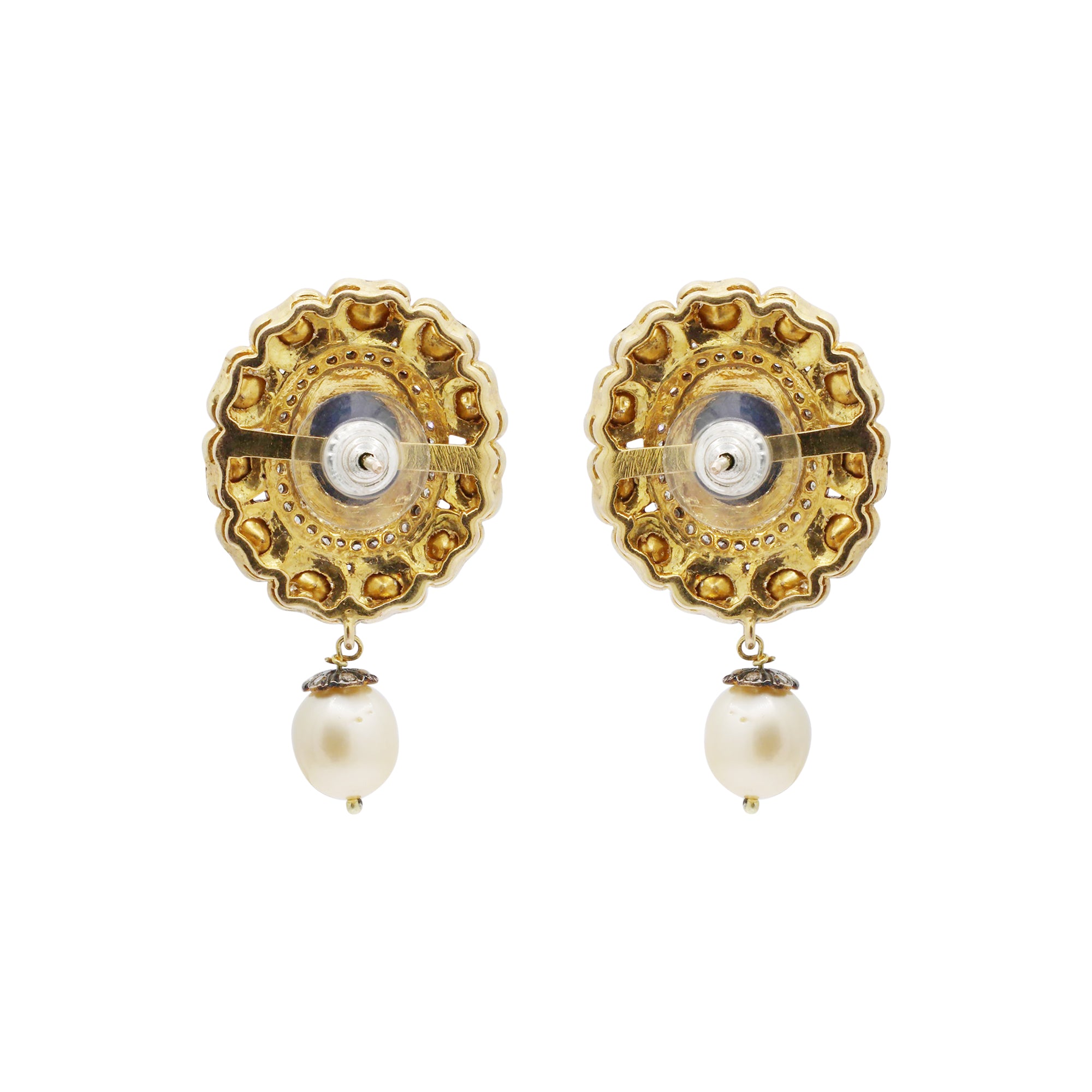 Natural Blue Sapphire, Pearl And Polki Diamond 925 Sterling Silver Gold Plated Jumka Earring