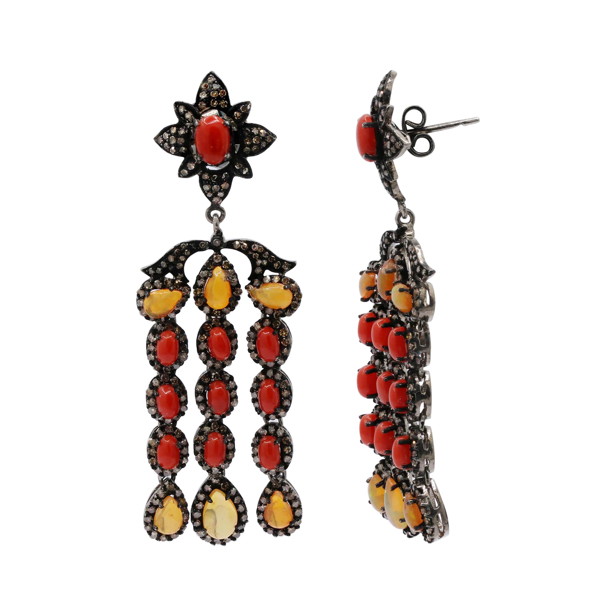 Natural Coral, Opal Gemstone And Diamond 925 Sterling Silver Drop Earrings