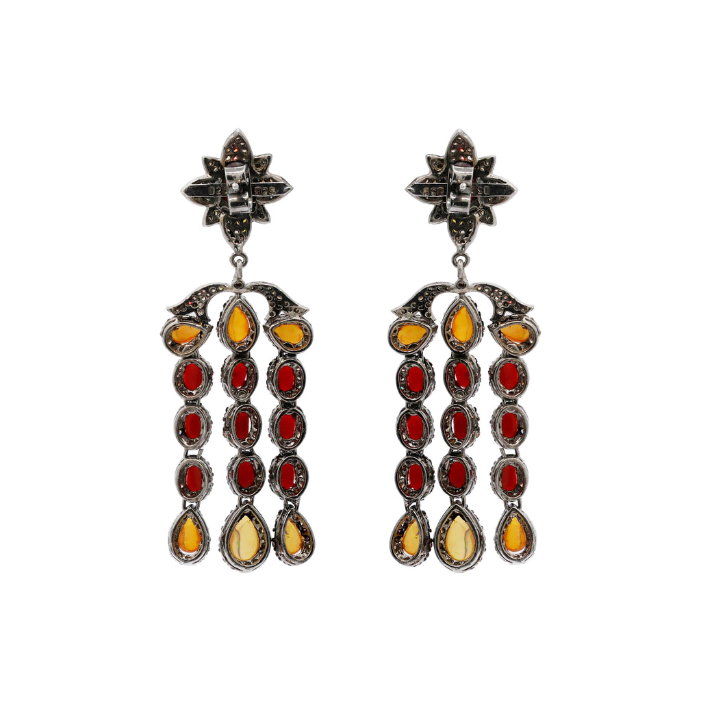 Natural Coral, Opal Gemstone And Diamond 925 Sterling Silver Drop Earrings