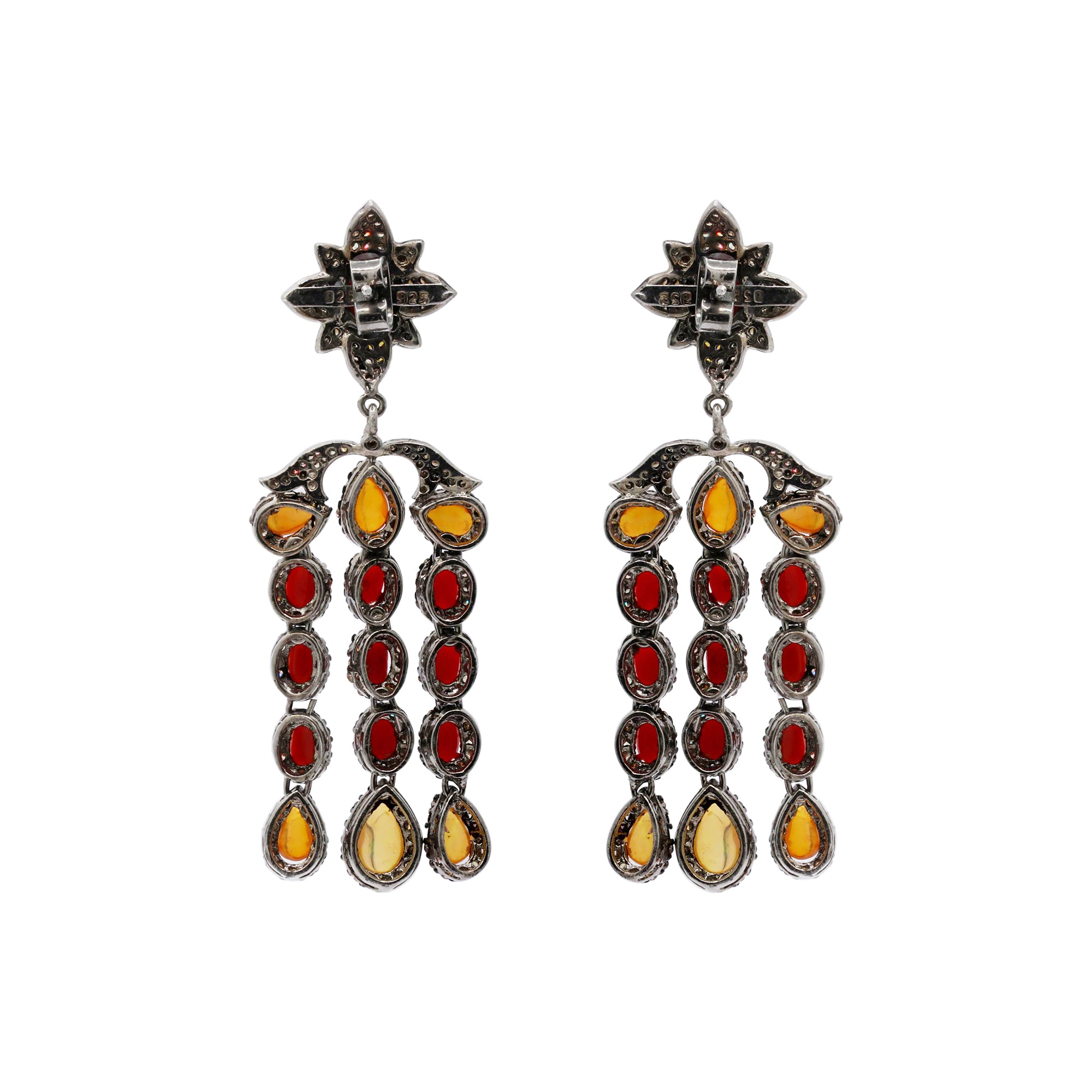 Natural Coral, Opal Gemstone And Diamond 925 Sterling Silver Drop Earrings