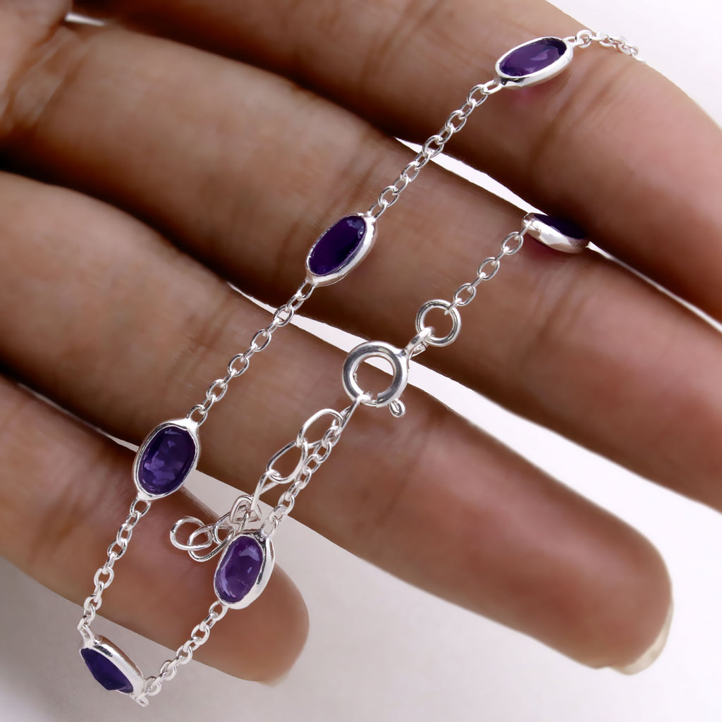 Natural Amethyst Silver Bracelet | Minimal Gemstone Chain Bracelet | February Birthstone Jewelry.