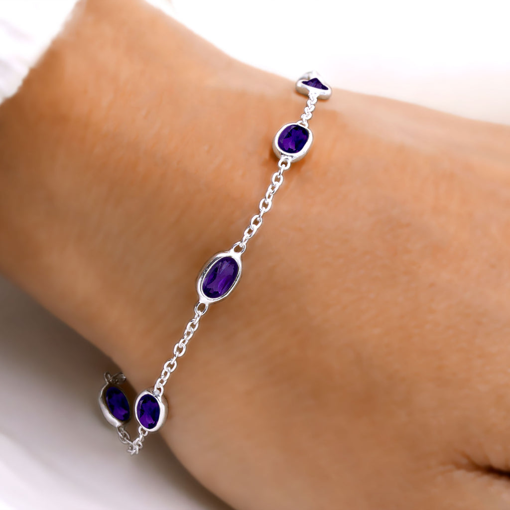 Natural Amethyst Silver Bracelet | Minimal Gemstone Chain Bracelet | February Birthstone Jewelry.