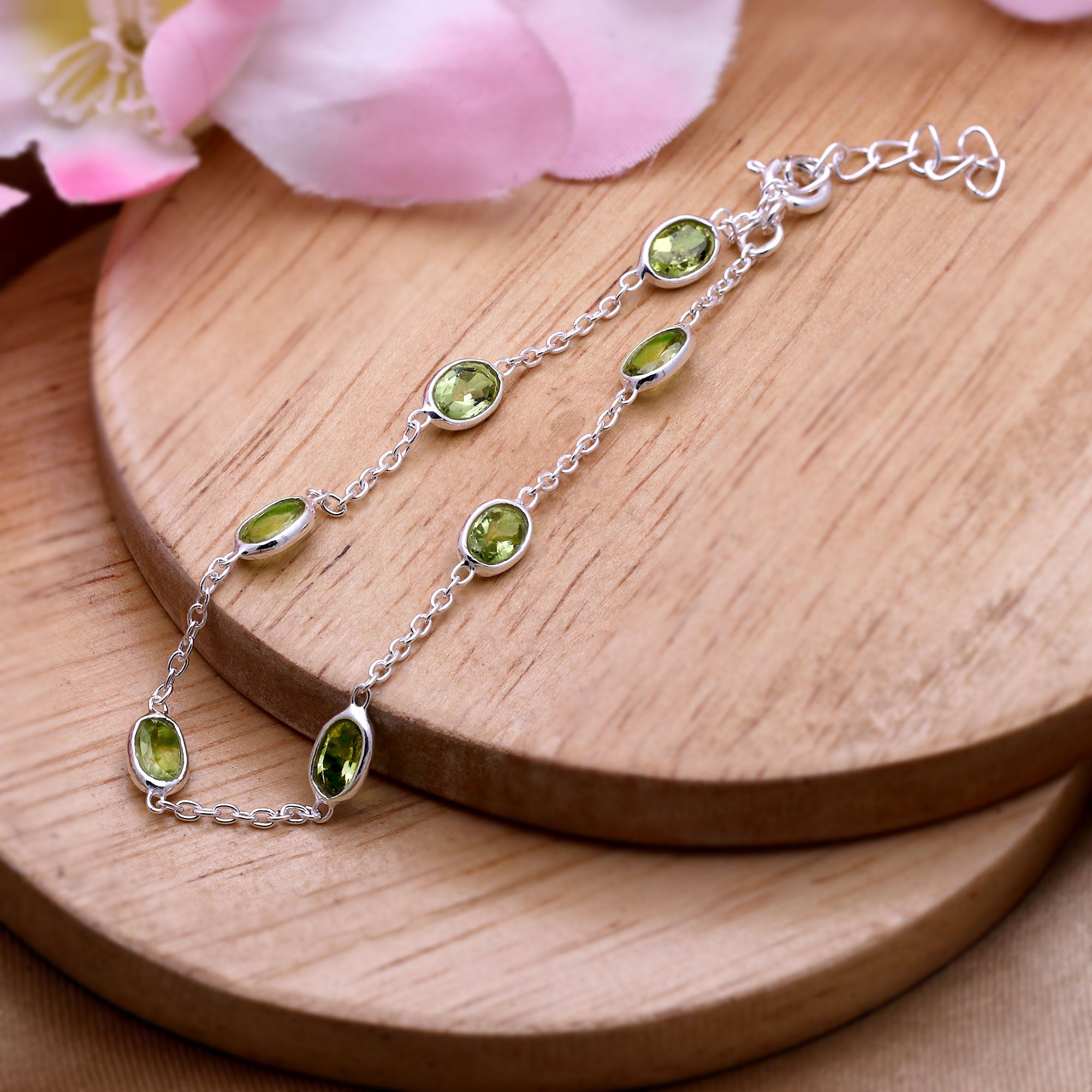 Handmade Natural Peridot Silver Bracelet | Minimal Dainty Gemstone Chain Wrist Bracelet.