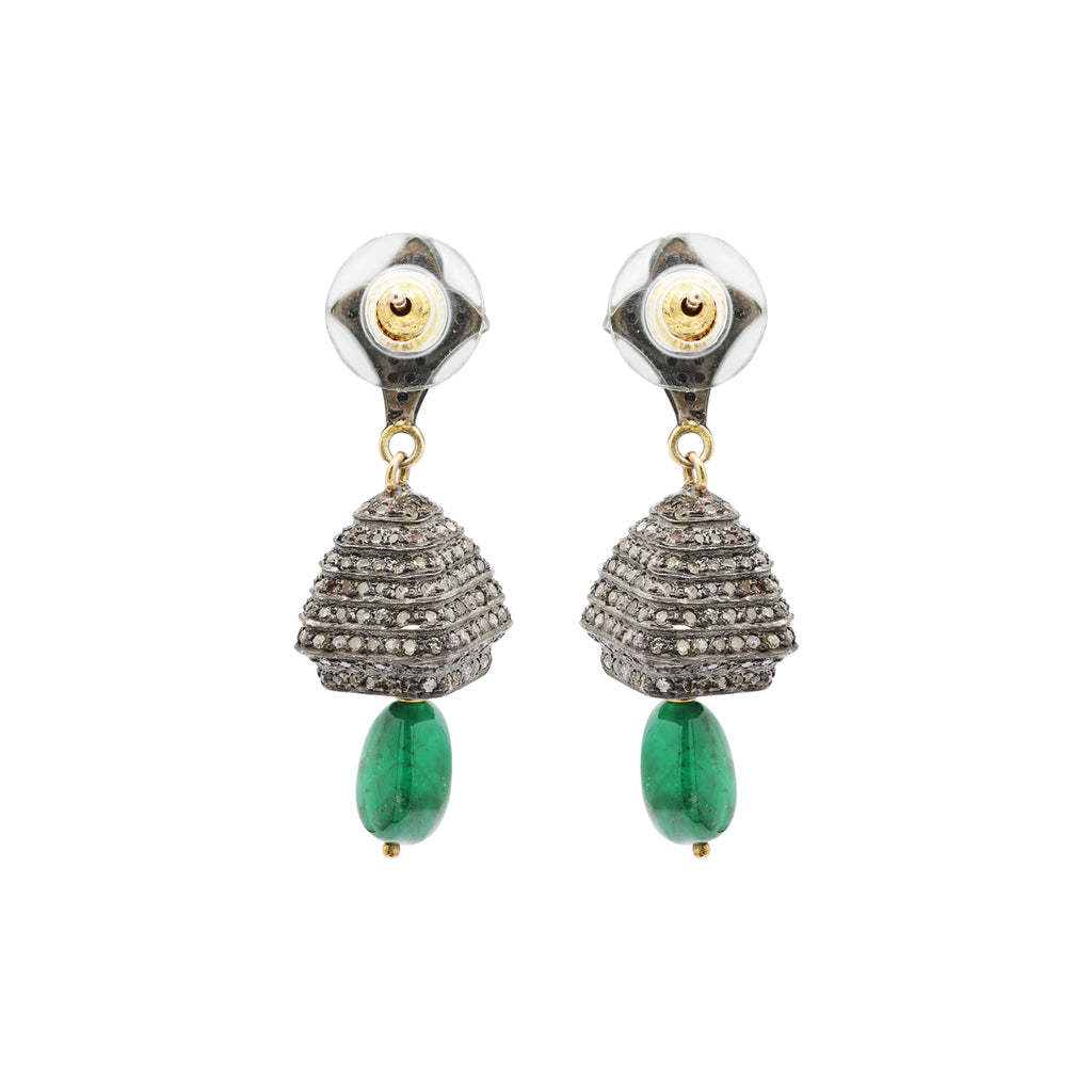 Natural Emerald And Diamond 925 Sterling Silver Drop Earrings