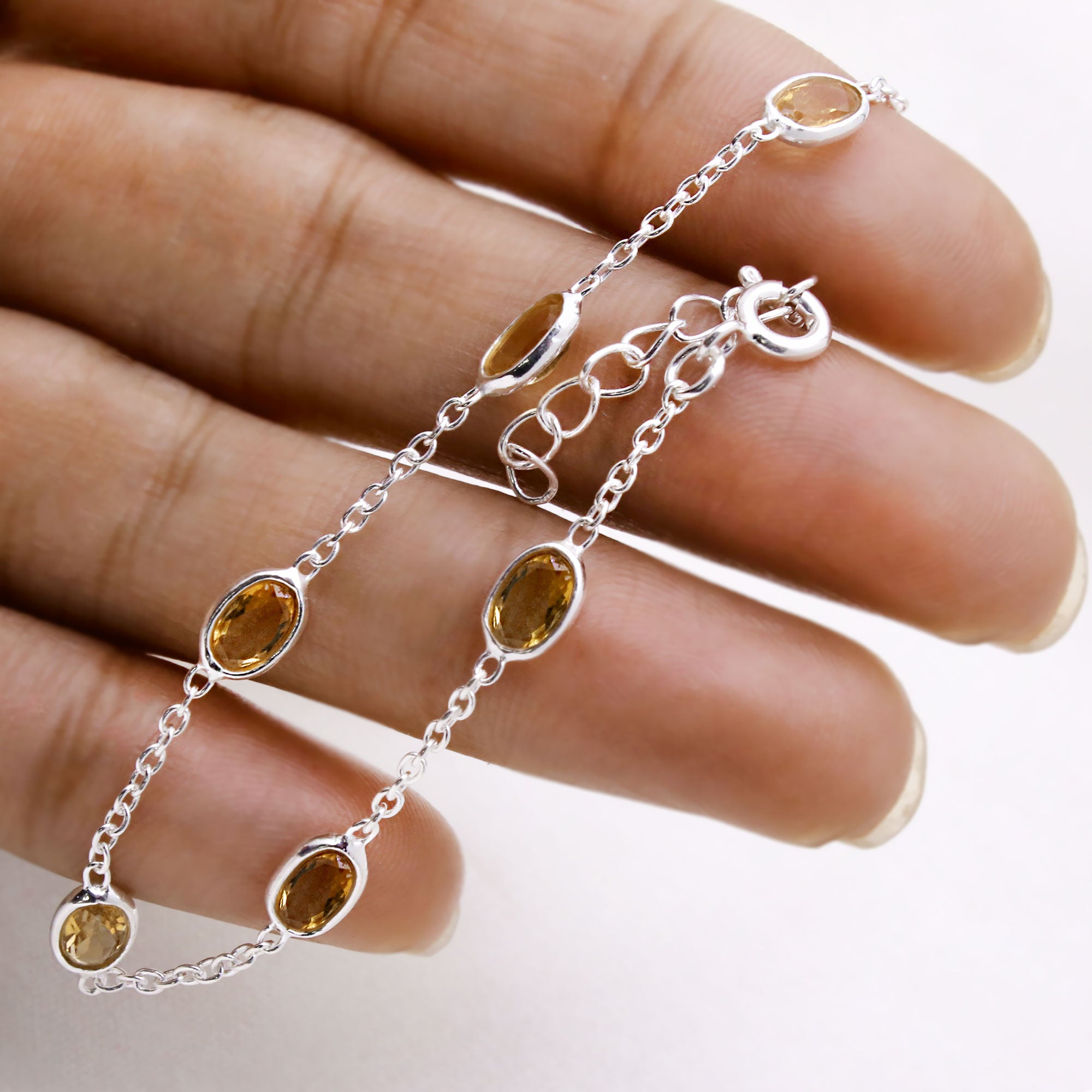 925 Sterling Silver Natural Citrine Bracelet | Handmade Gemstone Chain Wrist Bracelet.