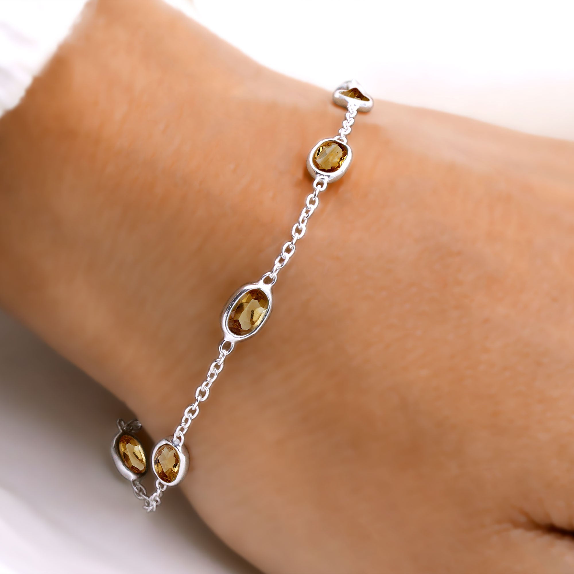 925 Sterling Silver Natural Citrine Bracelet | Handmade Gemstone Chain Wrist Bracelet.