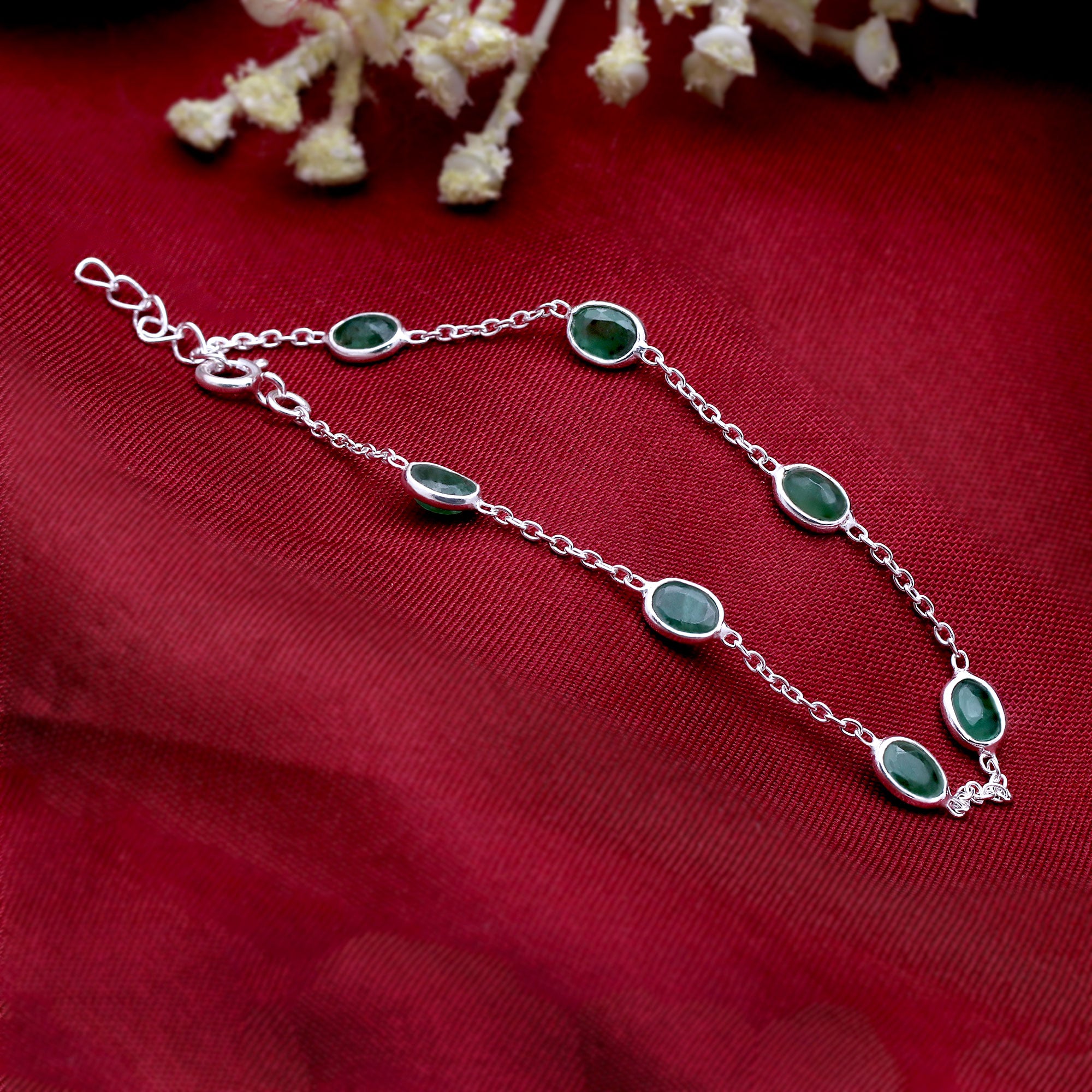 Natural Emerald Silver Bracelet | Gemstone Chain Wrist Bracelet | Handmade Jewelry.