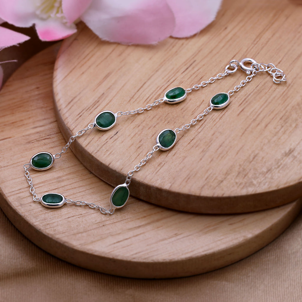 Natural Emerald Silver Bracelet | Gemstone Chain Wrist Bracelet | Handmade Jewelry.