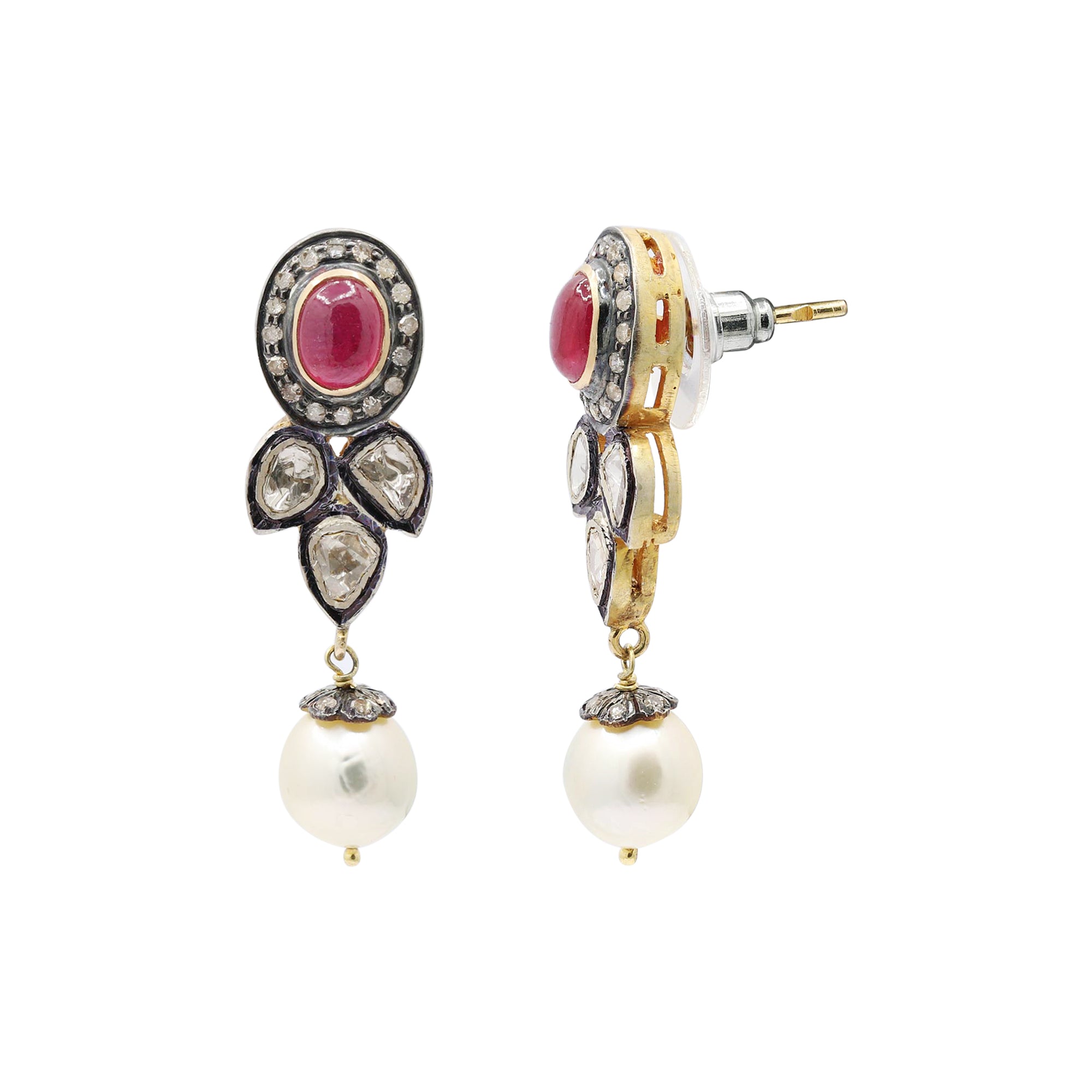 Natural Ruby, Pearl And Polki Diamond 925 Sterling Silver Drop Earrings