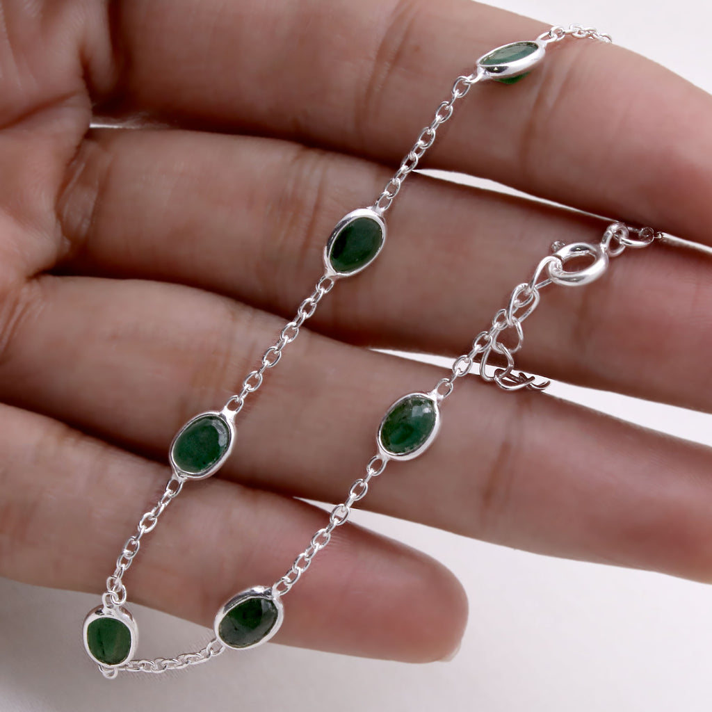 Natural Emerald Silver Bracelet | Gemstone Chain Wrist Bracelet | Handmade Jewelry.