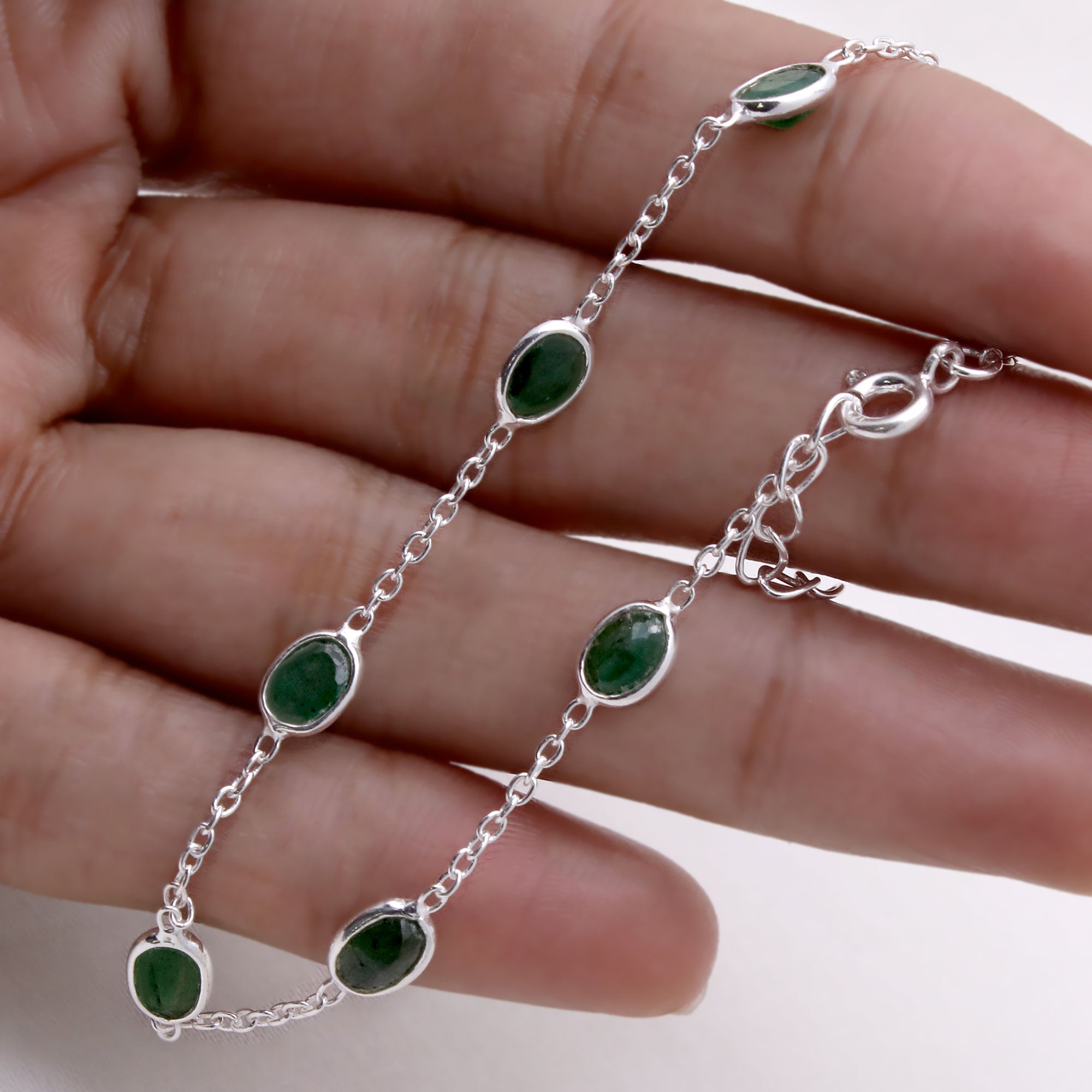 Natural Emerald Silver Bracelet | Gemstone Chain Wrist Bracelet | Handmade Jewelry.