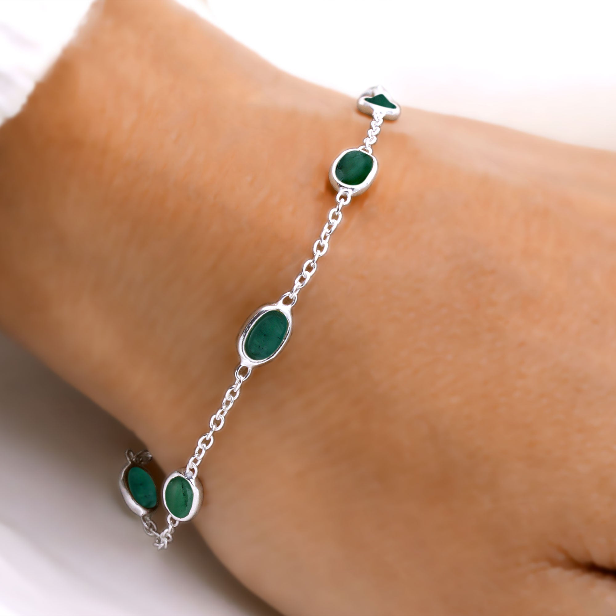 Natural Emerald Silver Bracelet | Gemstone Chain Wrist Bracelet | Handmade Jewelry.