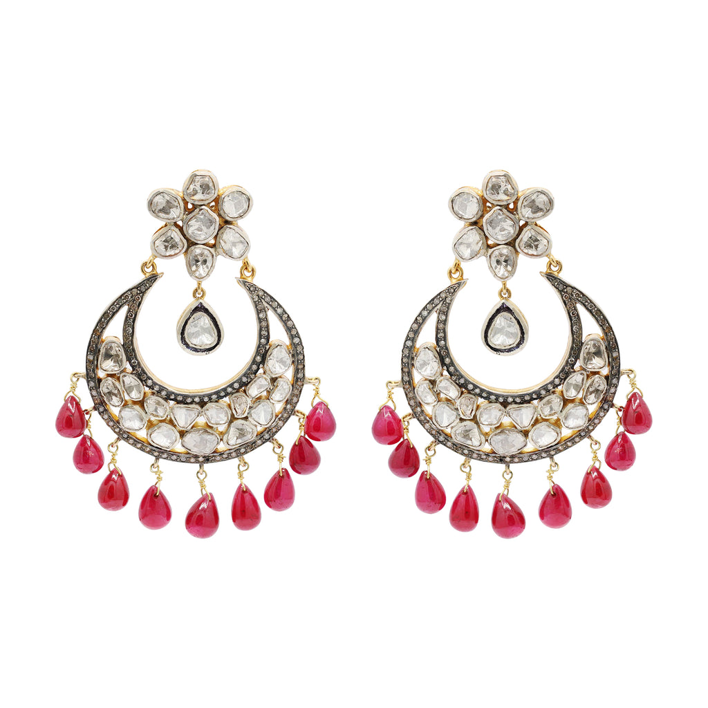 Natural Ruby With Polki Diamond 925 Sterling Silver Gold Plated Earring