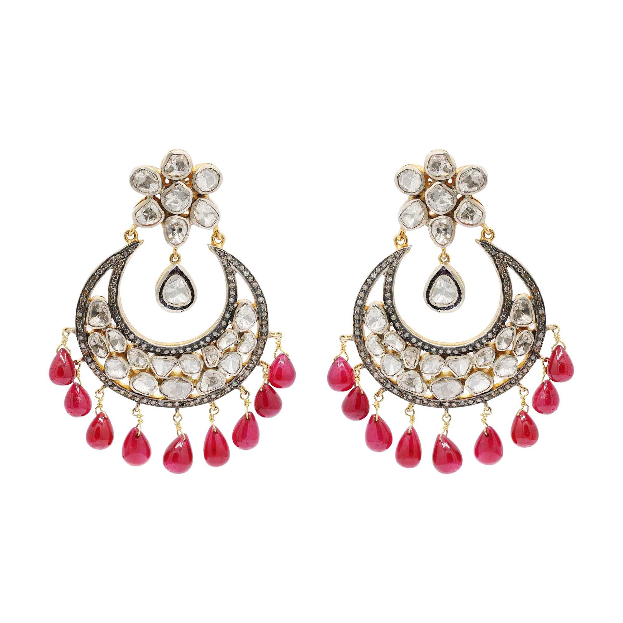 Natural Ruby With Polki Diamond 925 Sterling Silver Gold Plated Earring