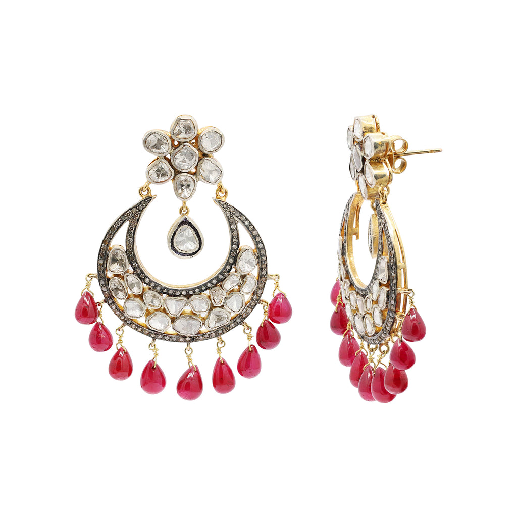 Natural Ruby With Polki Diamond 925 Sterling Silver Gold Plated Earring