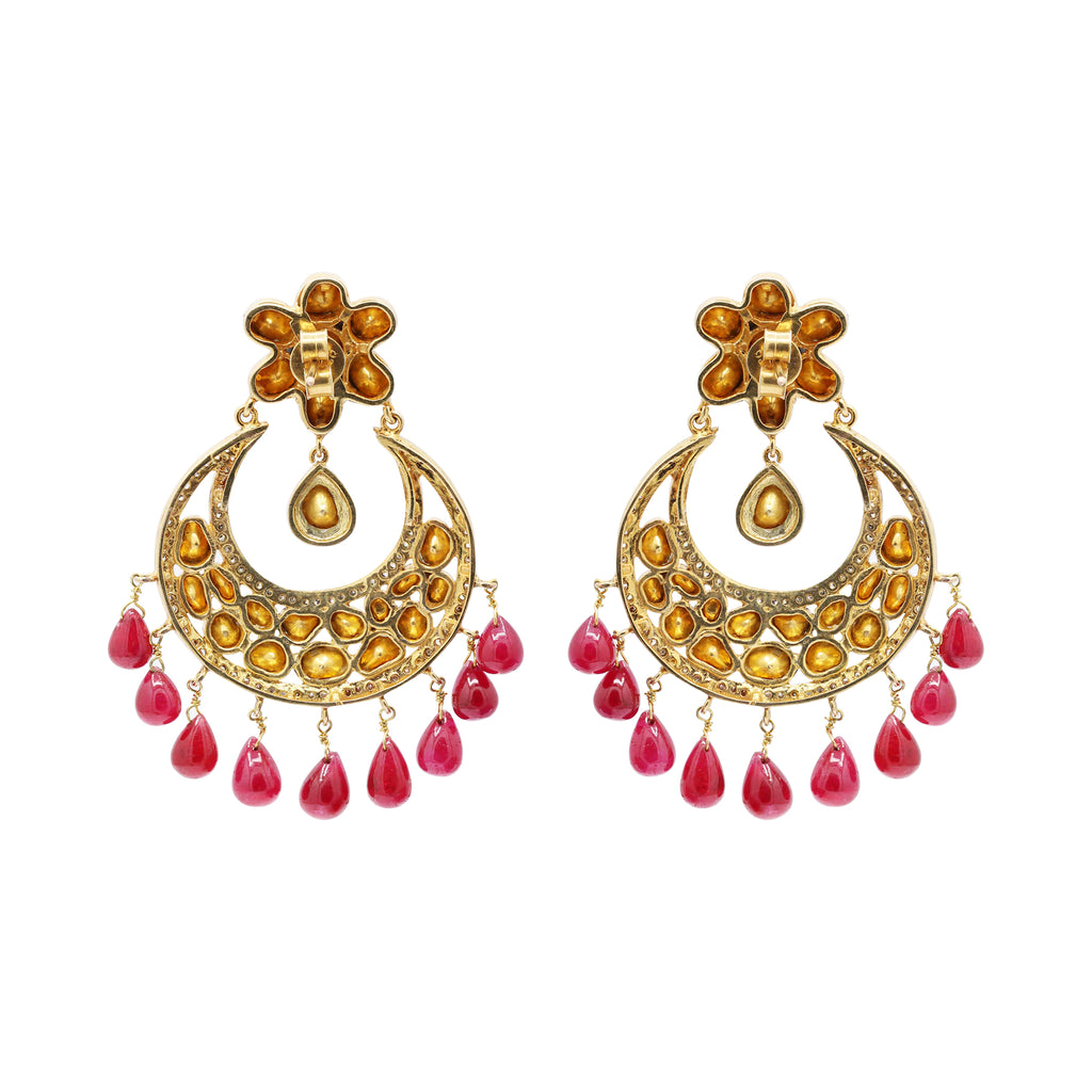 Natural Ruby With Polki Diamond 925 Sterling Silver Gold Plated Earring