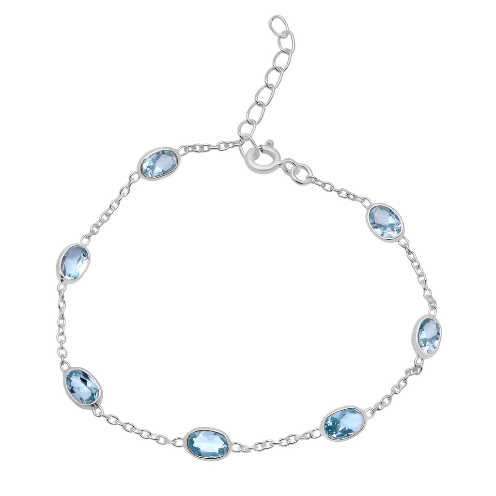 Natural Blue Topaz Silver Bracelet | Handmade Gemstone Chain Bracelet | December Birthstone.