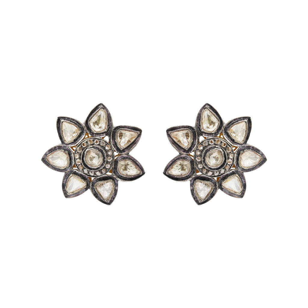 Polki Diamond Floral Design 925 Sterling Silver Gold Plated Stud Earring
